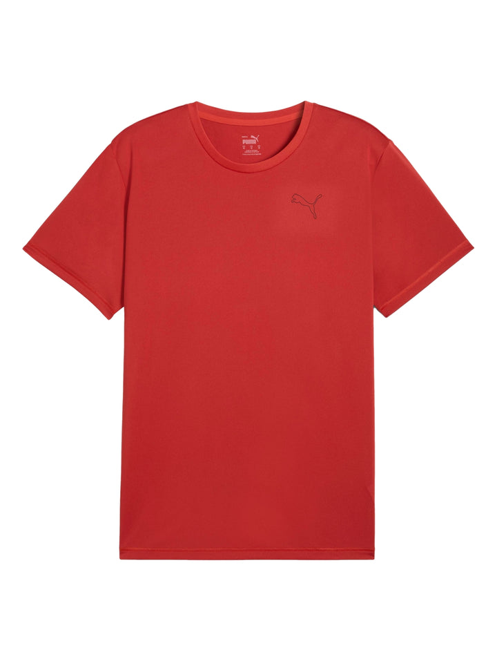 Camiseta deportiva PUMA de color rojo fuego con cuello redondo y manga corta.