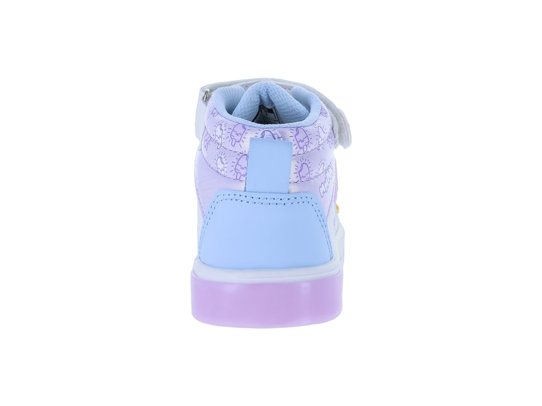 Tenis botín infantiles blancos con detalles en lila y azul, decorados con brillos y un dibujo de helado.