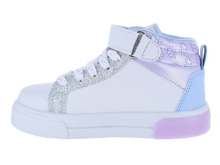 Tenis botín infantiles blancos con detalles en lila y azul, decorados con brillos y un dibujo de helado.