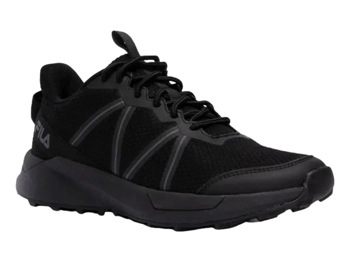 Tenis deportivos FILA color negro con detalles en gris oscuro y suela robusta.