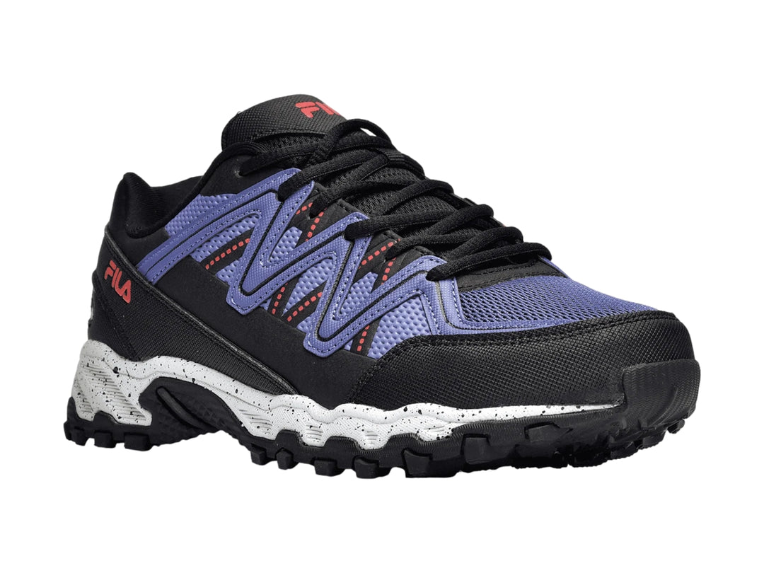 Tenis deportivos Fila Firetrail Evo en color azul y negro para niña con suela blanca y negra.