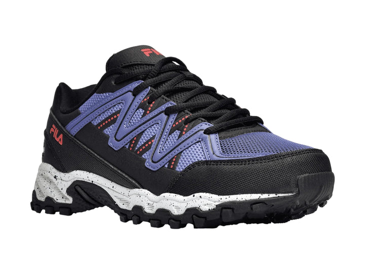Tenis deportivos Fila Firetrail Evo en color azul y negro para niña con suela blanca y negra.