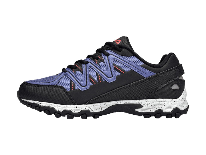 Tenis deportivos Fila Firetrail Evo en color azul y negro para niña con suela blanca y negra.