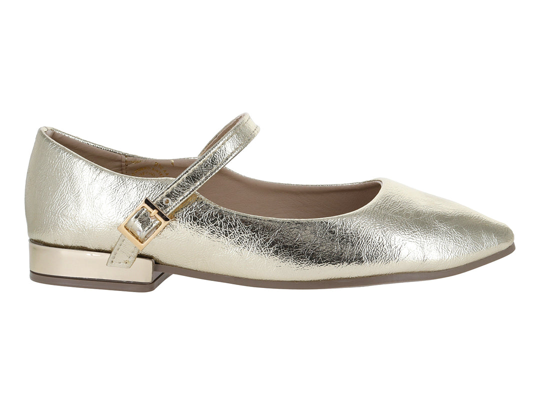 Zapato plano color oro metálico con correa y hebilla, estilo Mary Jane para niña.