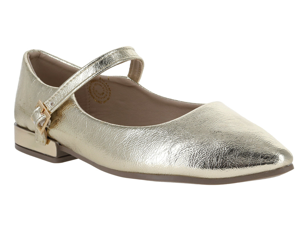 Zapato plano color oro metálico con correa y hebilla, estilo Mary Jane para niña.