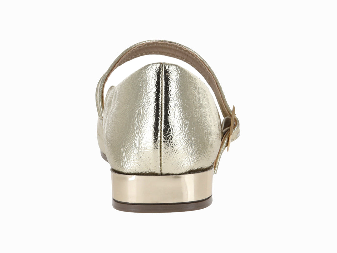 Zapato plano color oro metálico con correa y hebilla, estilo Mary Jane para niña.