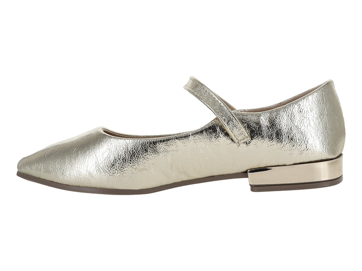 Zapato plano color oro metálico con correa y hebilla, estilo Mary Jane para niña.