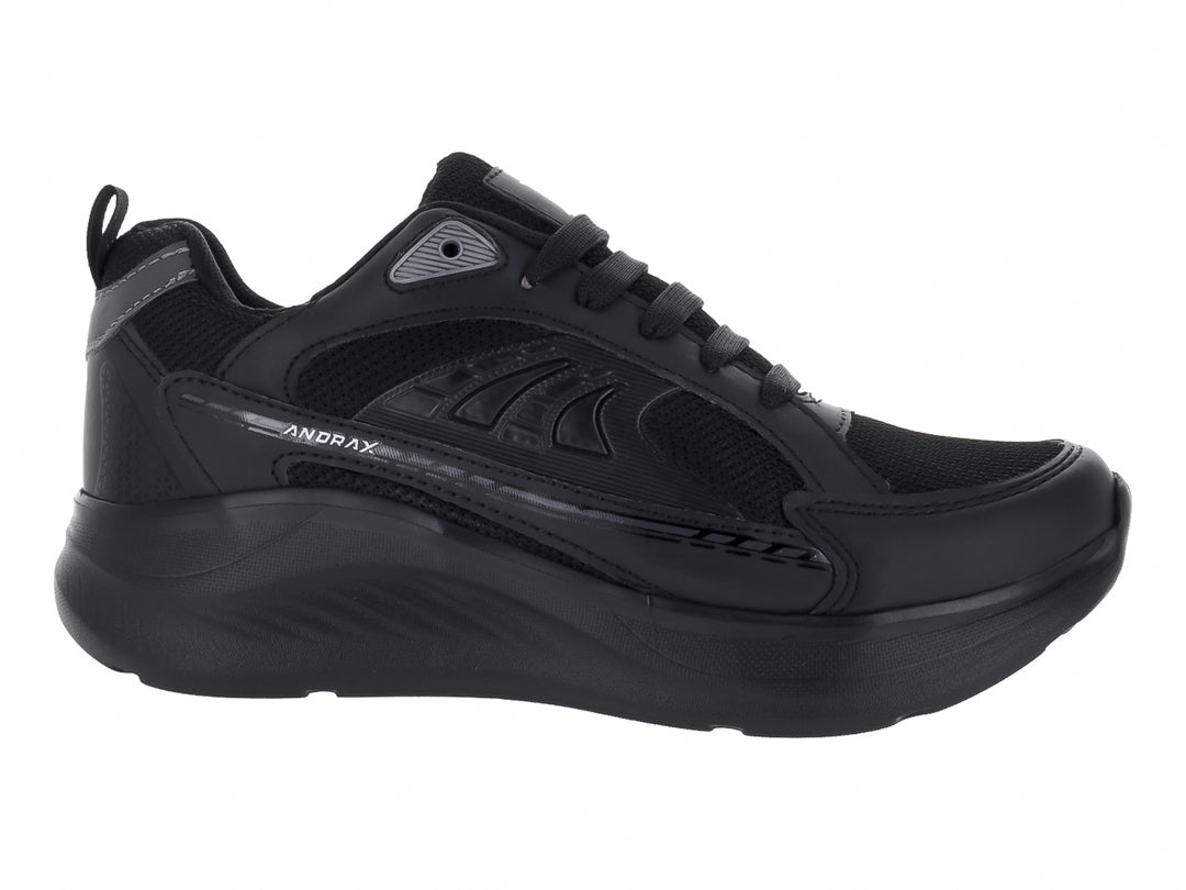 Tenis deportivos Andrax color negro total con detalles en gris y suela robusta.