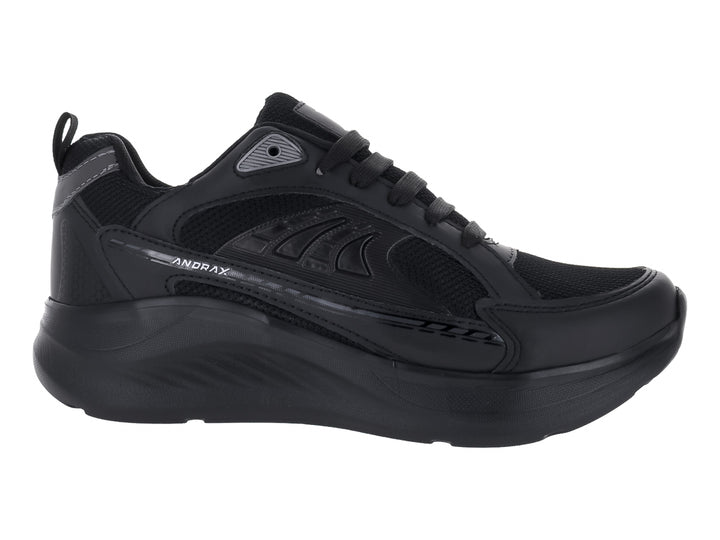 Tenis deportivos Andrax color negro total con detalles en gris y suela robusta.
