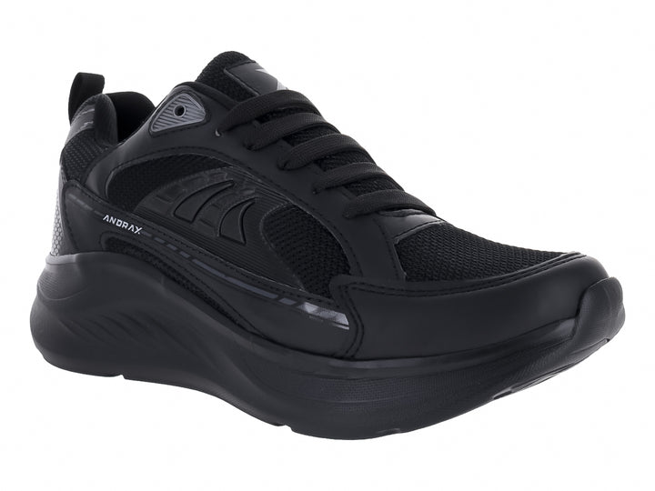 Tenis deportivos Andrax color negro total con detalles en gris y suela robusta.