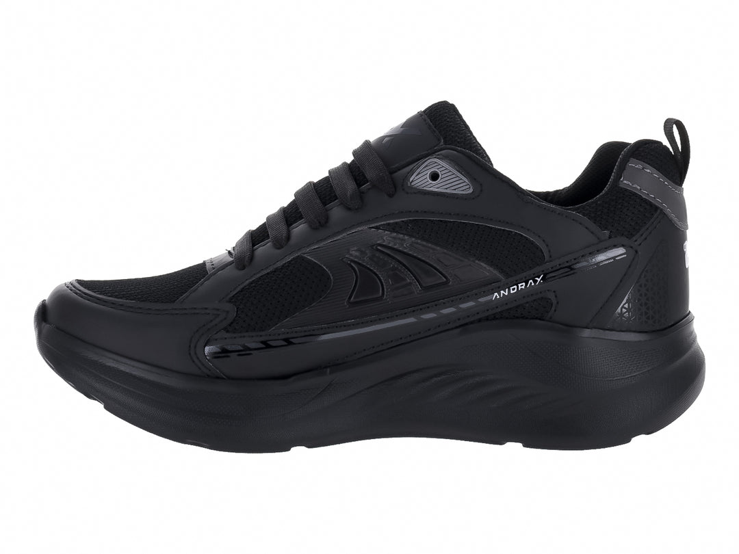 Tenis deportivos Andrax color negro total con detalles en gris y suela robusta.