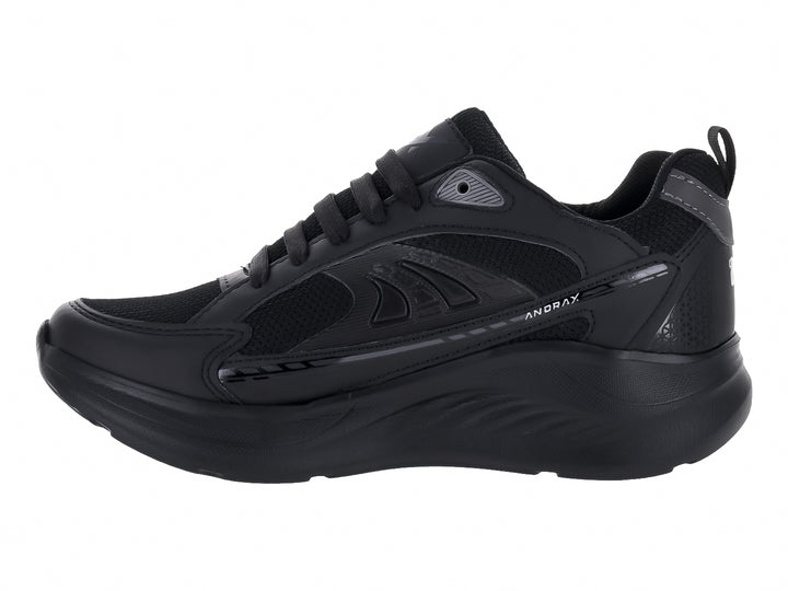 Tenis deportivos Andrax color negro total con detalles en gris y suela robusta.