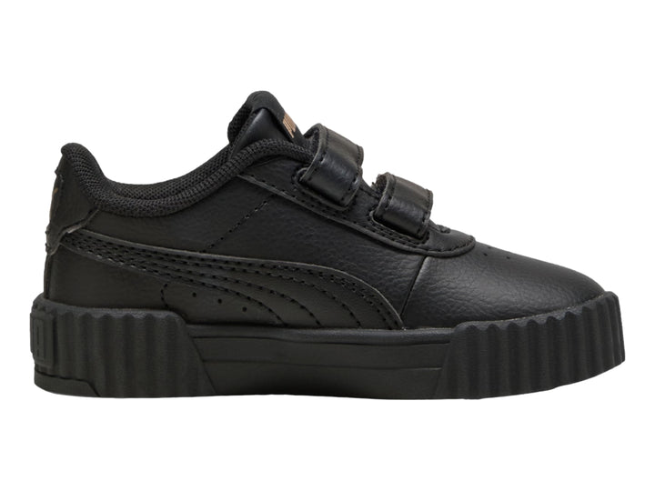 Tenis PUMA Carina 3.0 JR en color negro con cierre de velcro y suela ancha estriada.