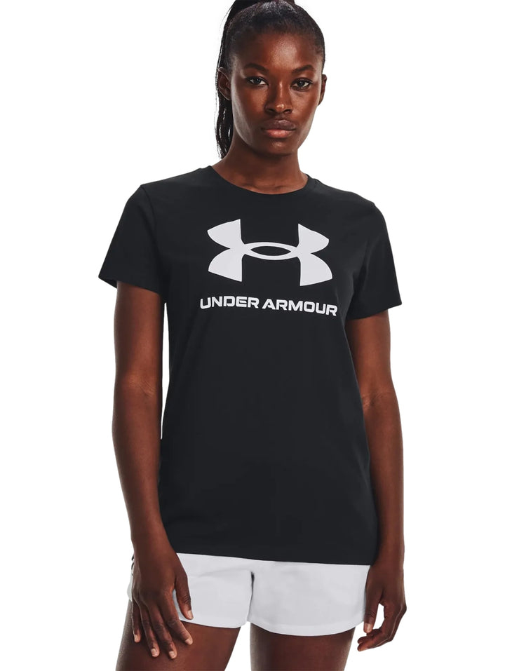 Playera deportiva negra de manga corta con logotipo blanco de Under Armour en el pecho.