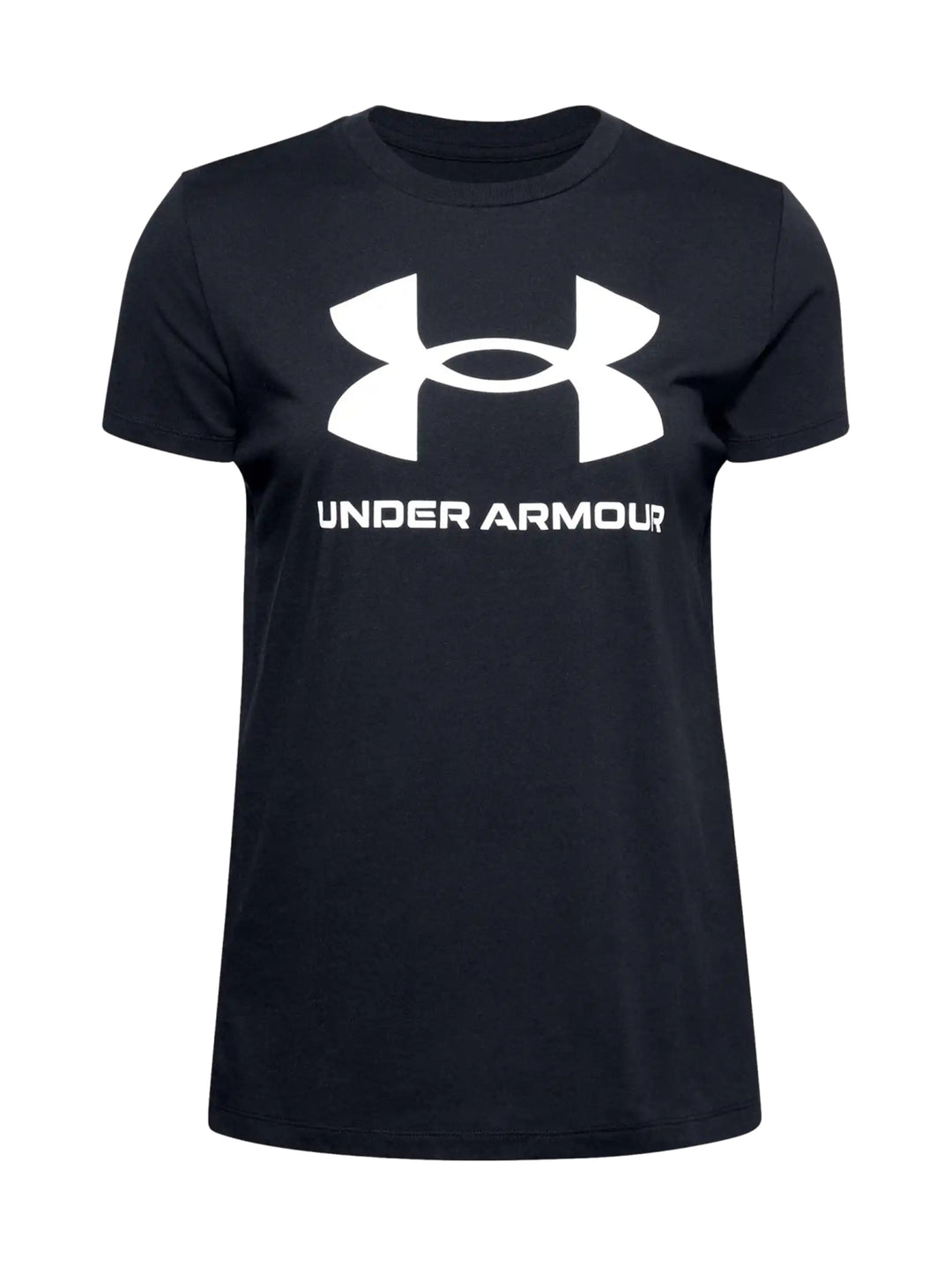 Playera deportiva negra de manga corta con logotipo blanco de Under Armour en el pecho.