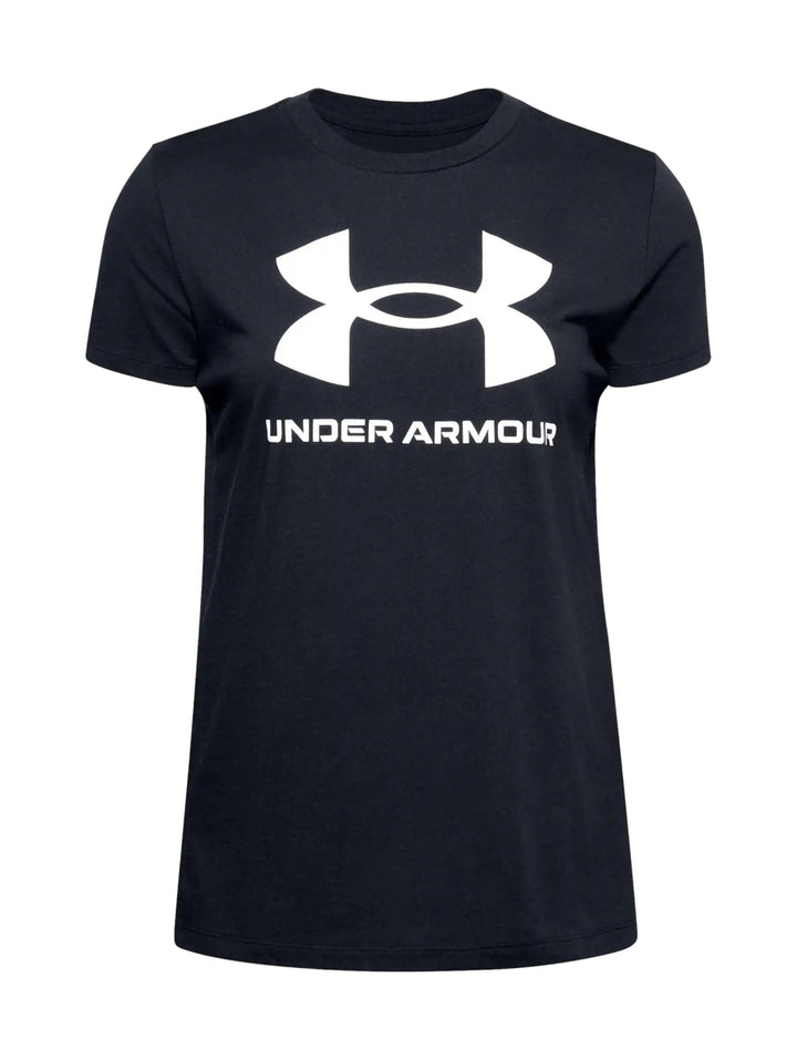 Playera deportiva negra de manga corta con logotipo blanco de Under Armour en el pecho.