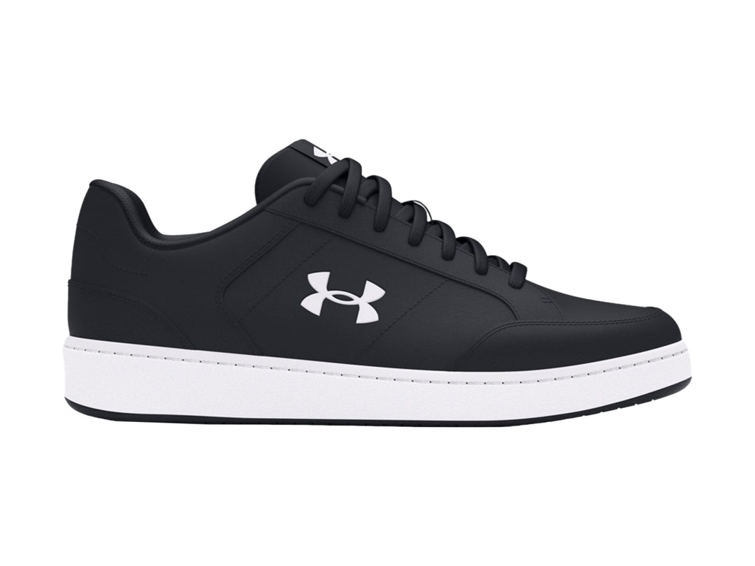 Tenis deportivos Under Armour en color negro con suela blanca y logotipo blanco lateral.