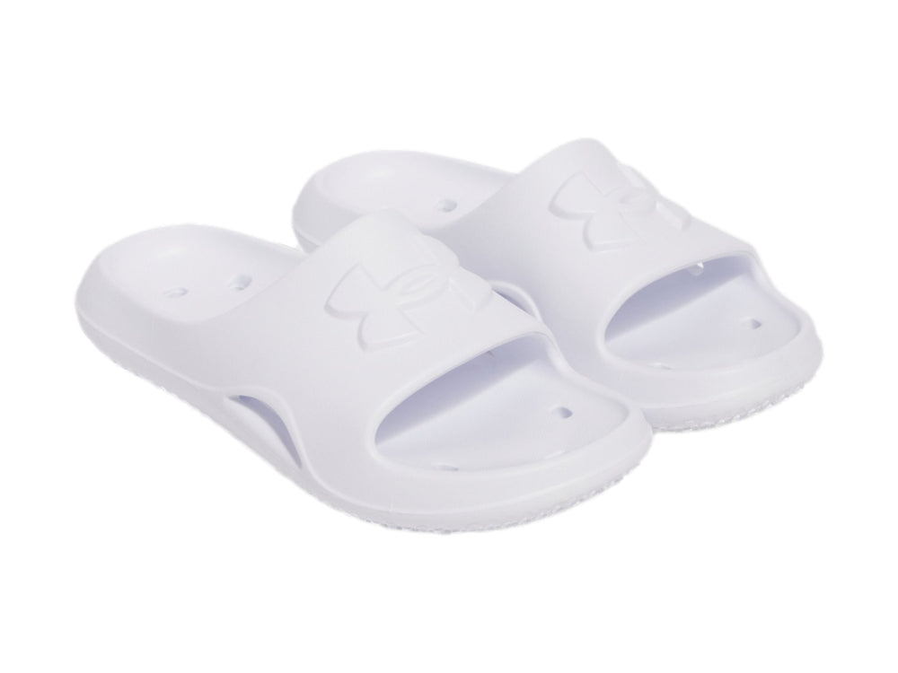 Sandalia Under Armour modelo UA Locker en color blanco, vista lateral sobre fondo blanco.