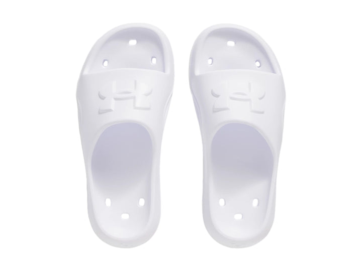 Sandalia Under Armour modelo UA Locker en color blanco, vista lateral sobre fondo blanco.