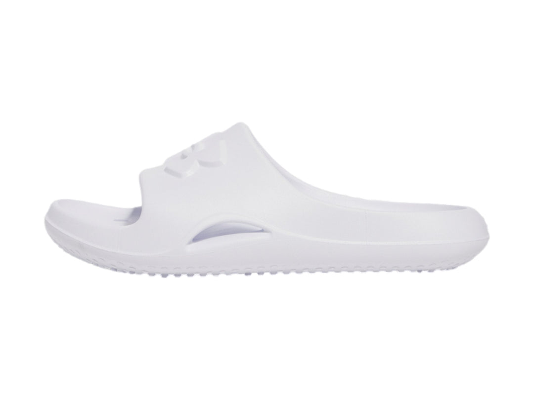 Sandalia Under Armour modelo UA Locker en color blanco, vista lateral sobre fondo blanco.
