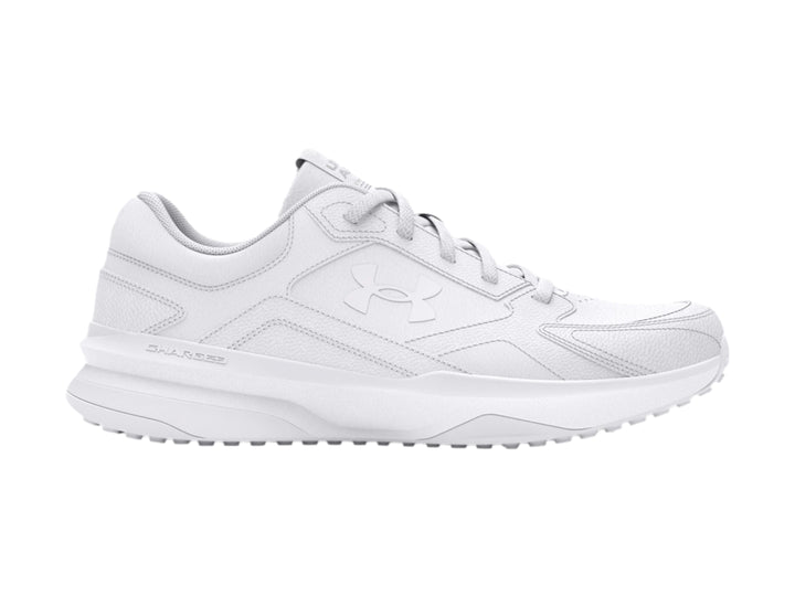 Tenis deportivos Under Armour color blanco total con acabado en cuero y suela blanca.