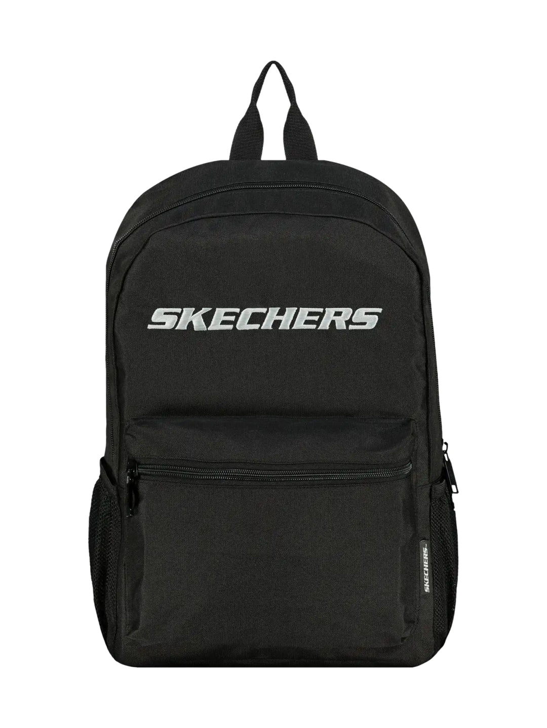 Mochila escolar Skechers de color negro con logotipo blanco frontal y bolsillos laterales de malla.
