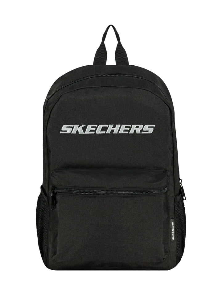 Mochila escolar Skechers de color negro con logotipo blanco frontal y bolsillos laterales de malla.