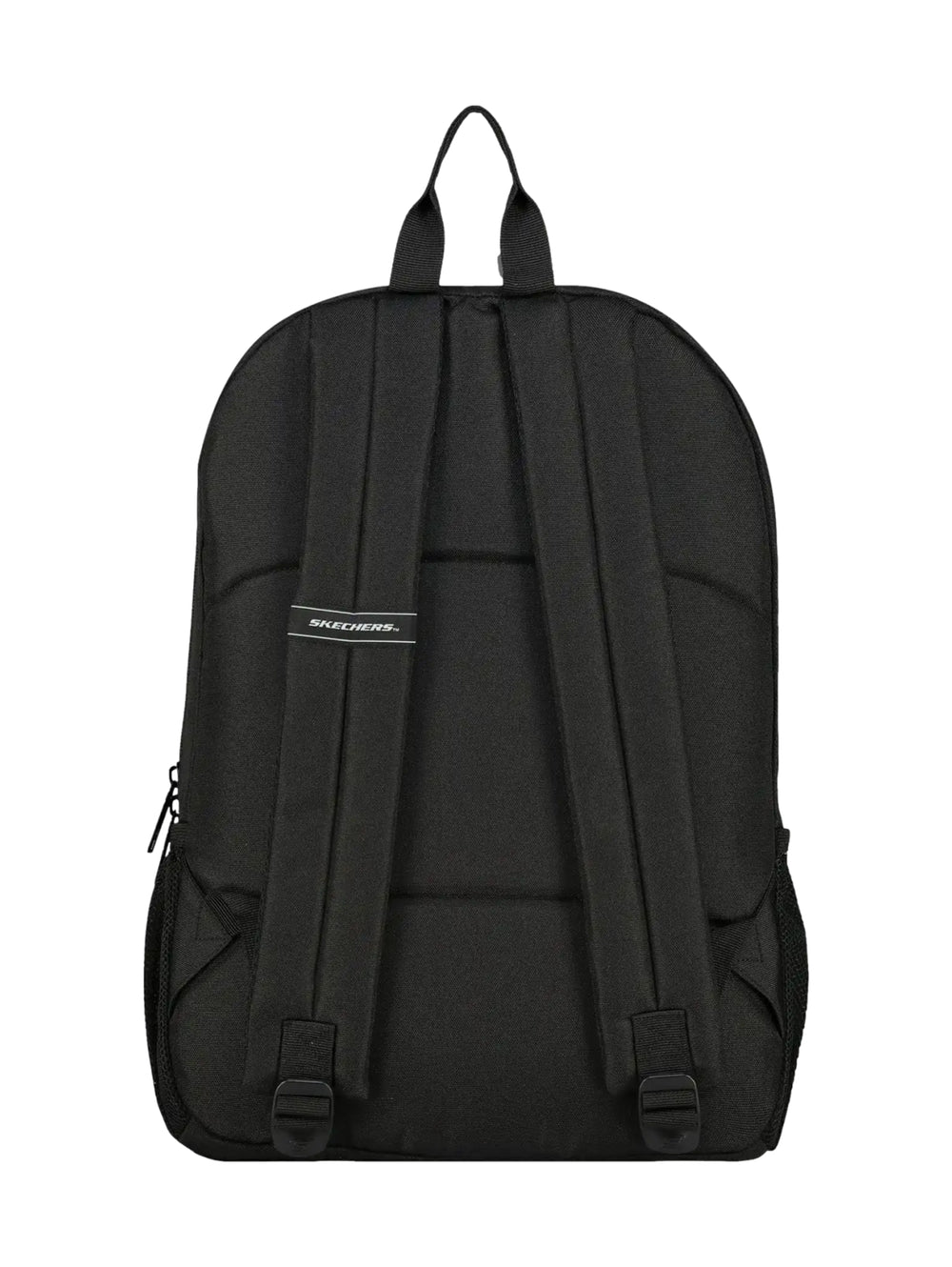 Mochila escolar Skechers de color negro con logotipo blanco frontal y bolsillos laterales de malla.