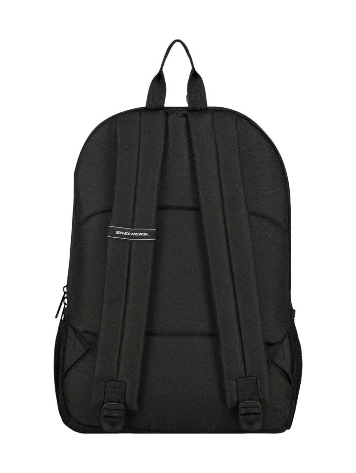 Mochila escolar Skechers de color negro con logotipo blanco frontal y bolsillos laterales de malla.