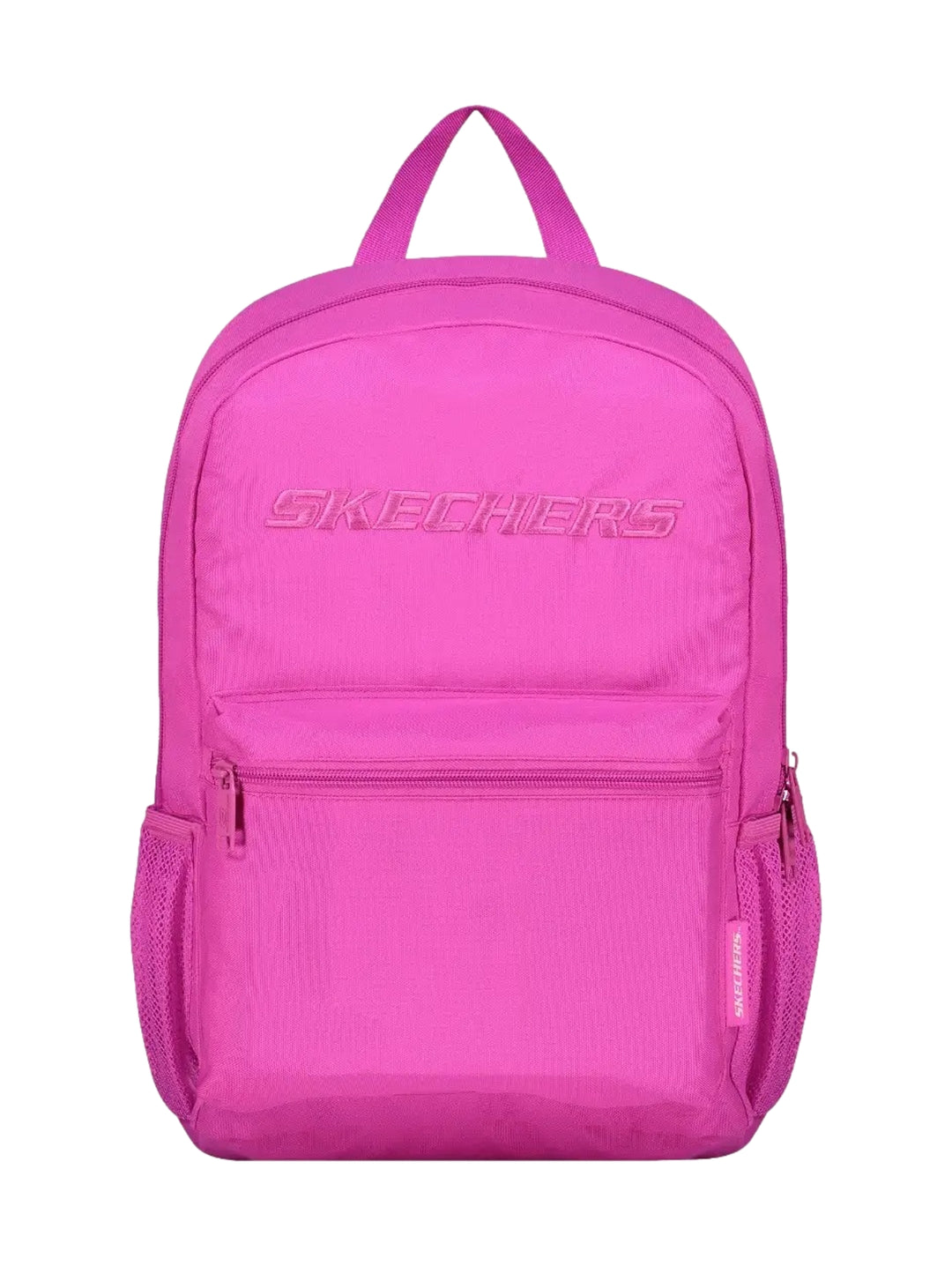 Mochila escolar Skechers de color fucsia con bolsillo frontal y bolsillos laterales de malla.