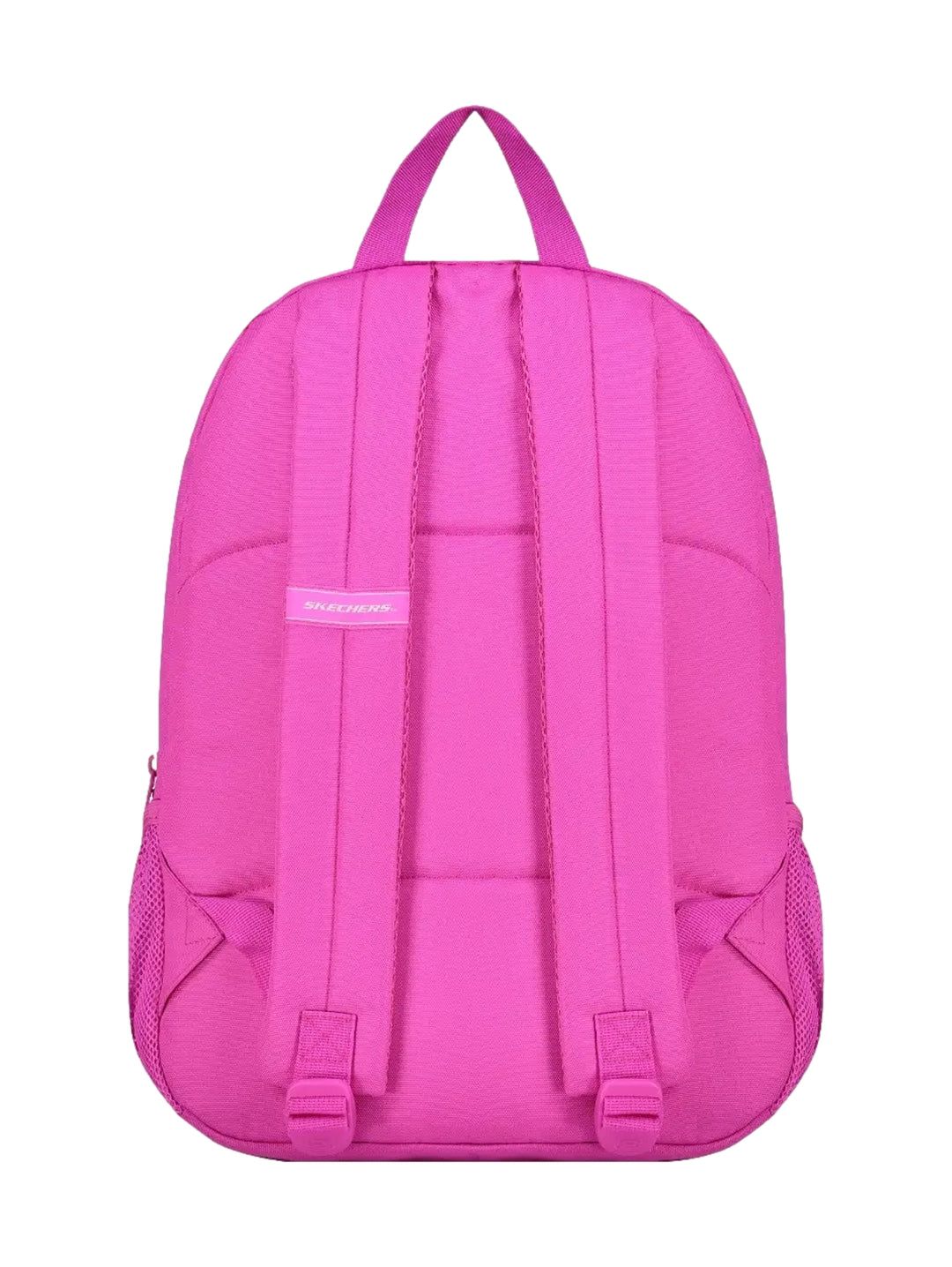 Mochila escolar Skechers de color fucsia con bolsillo frontal y bolsillos laterales de malla.