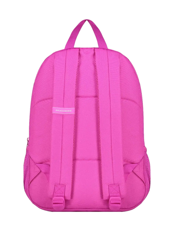 Mochila escolar Skechers de color fucsia con bolsillo frontal y bolsillos laterales de malla.