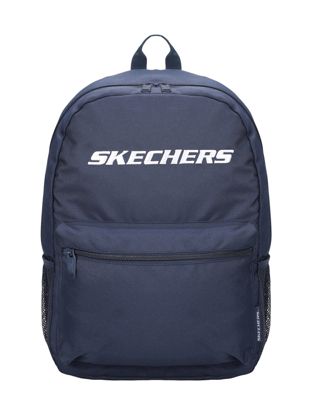 Mochila escolar Skechers de color azul marino con logotipo blanco frontal y bolsillo delantero.