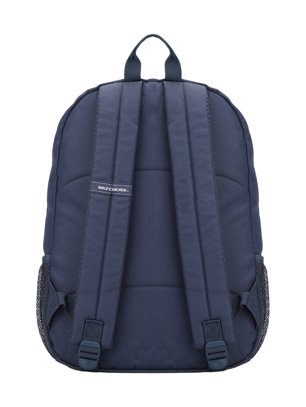 Mochila escolar Skechers de color azul marino con logotipo blanco frontal y bolsillo delantero.