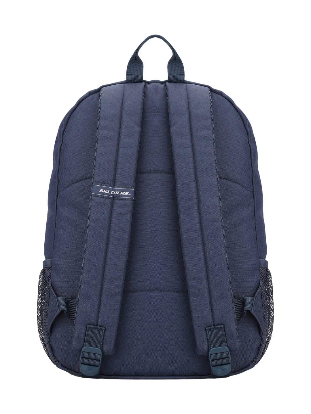 Mochila escolar Skechers de color azul marino con logotipo blanco frontal y bolsillo delantero.