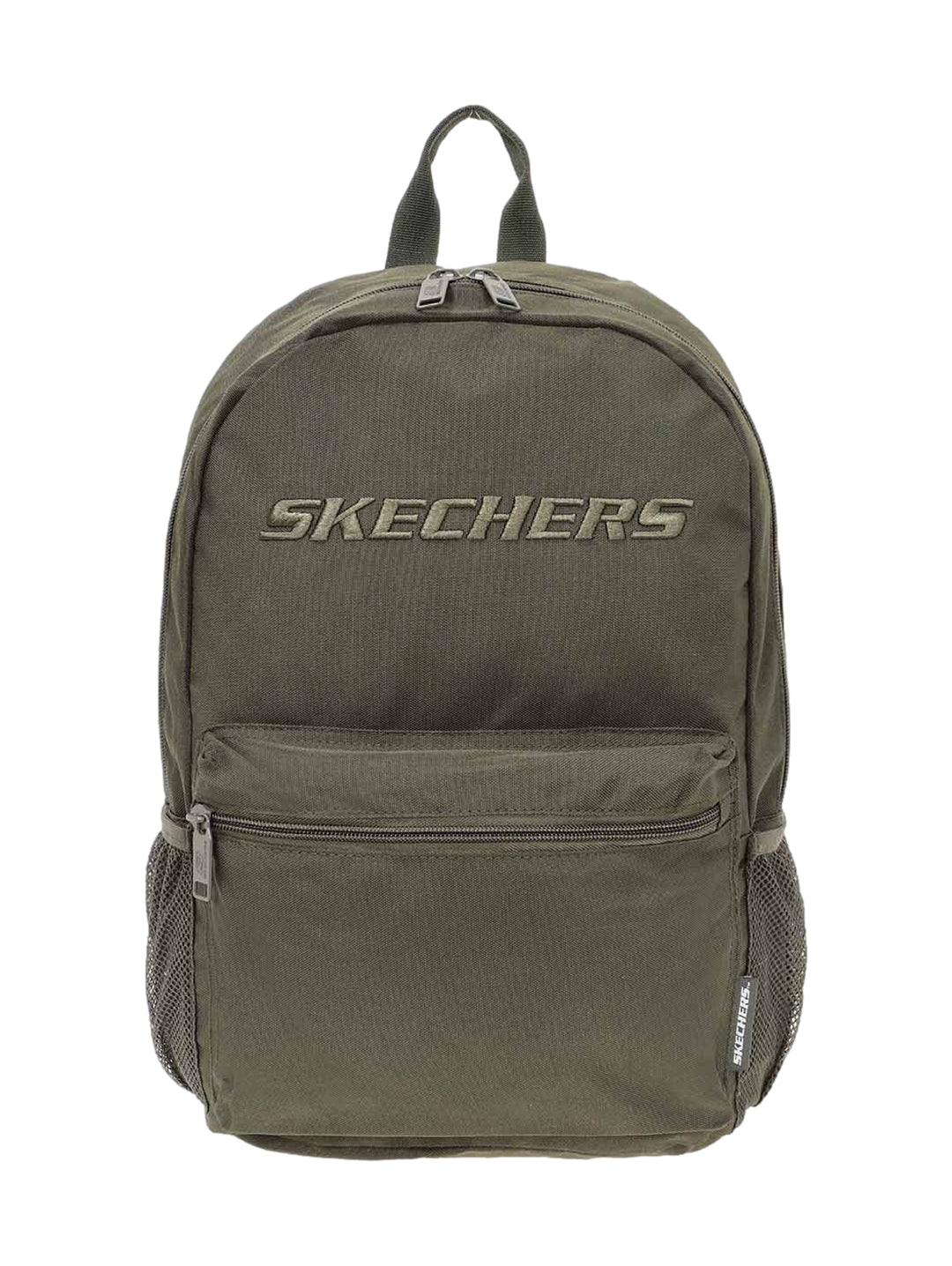 Mochila escolar Skechers de color olivo con bolsillo frontal y bolsillos laterales de malla.