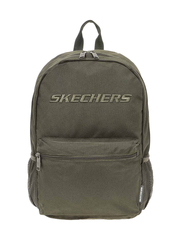 Mochila escolar Skechers de color olivo con bolsillo frontal y bolsillos laterales de malla.