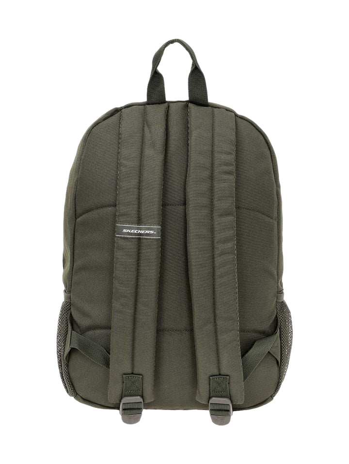 Mochila escolar Skechers de color olivo con bolsillo frontal y bolsillos laterales de malla.