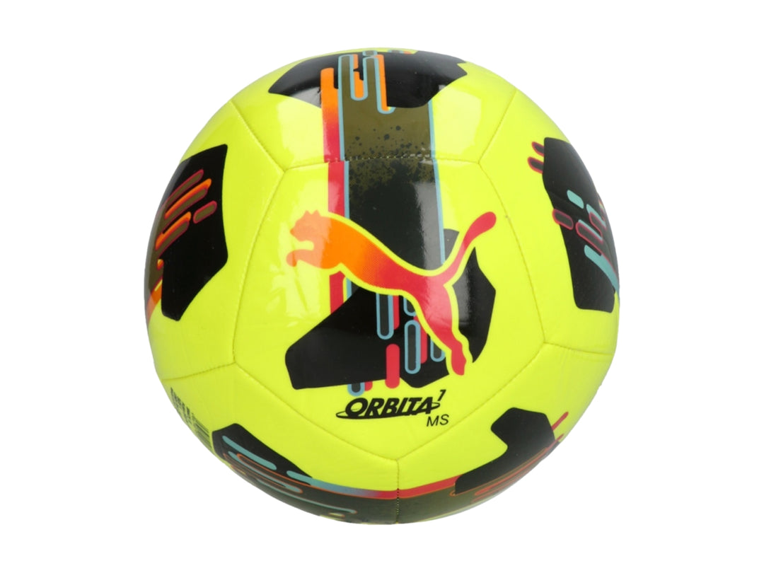 Balón de fútbol Puma Orbita MS en color amarillo neón con detalles negros y naranjas.