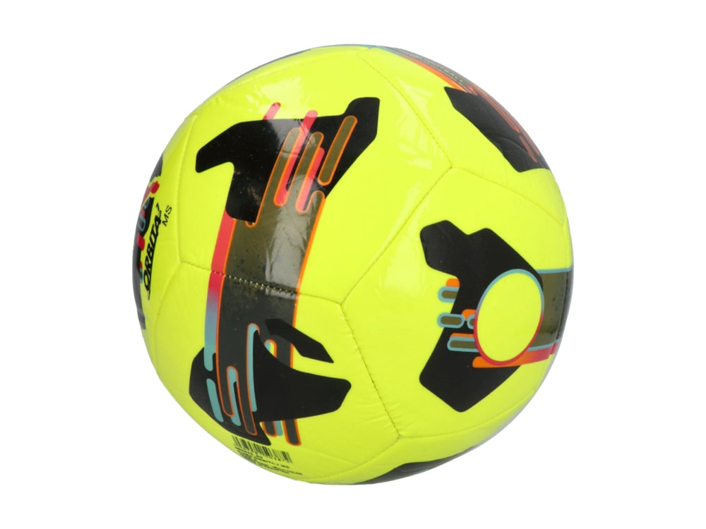 Balón de fútbol Puma Orbita MS en color amarillo neón con detalles negros y naranjas.