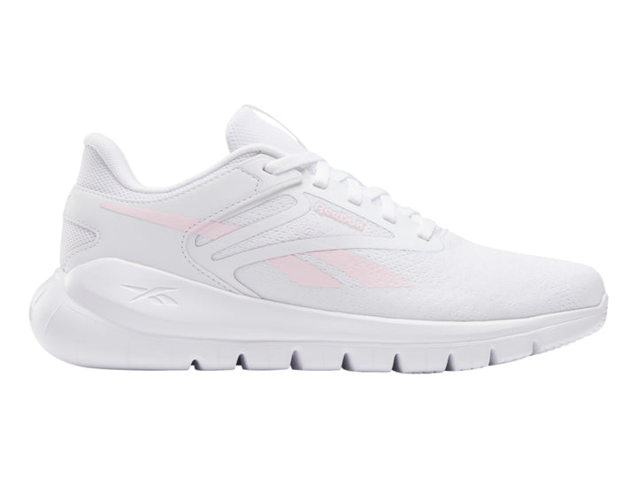 Tenis deportivos Reebok blancos con detalles en rosa claro, vista lateral.