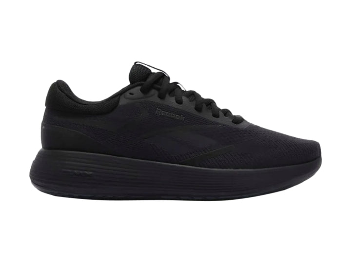 Tenis deportivos Reebok en color negro sólido con suela DMX y parte superior de malla transpirable.
