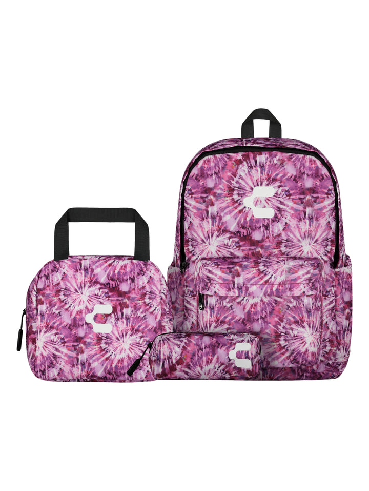 Set escolar Charly color morado con diseño tie-dye, incluye mochila, lonchera y lapicera.
