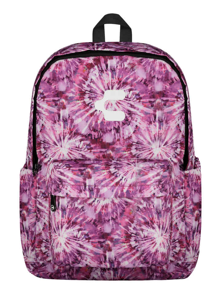 Set escolar Charly color morado con diseño tie-dye, incluye mochila, lonchera y lapicera.