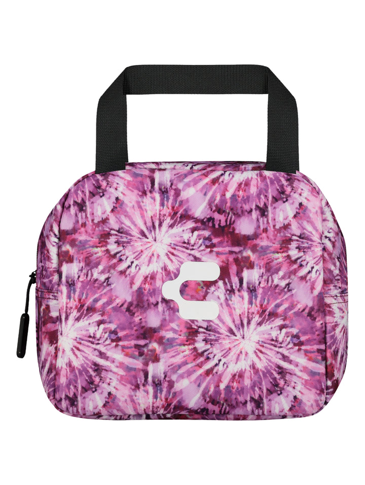 Set escolar Charly color morado con diseño tie-dye, incluye mochila, lonchera y lapicera.