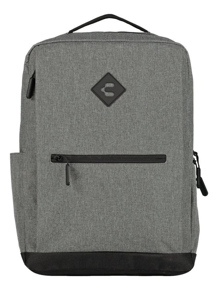 Mochila escolar color gris con base y detalles en negro, marca Charly.