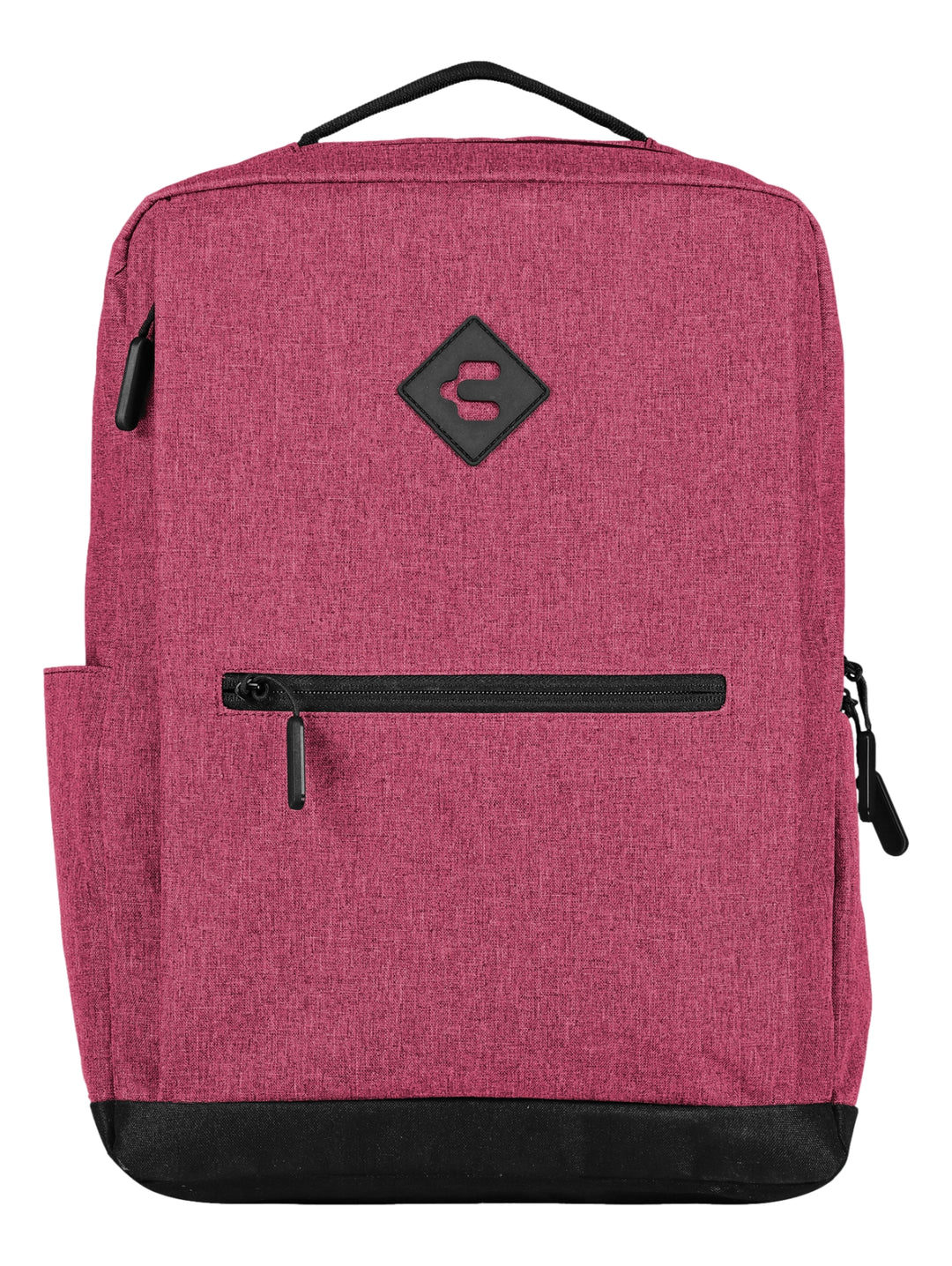 Mochila escolar color rosa con base y detalles en negro y logotipo de Charly en el centro.