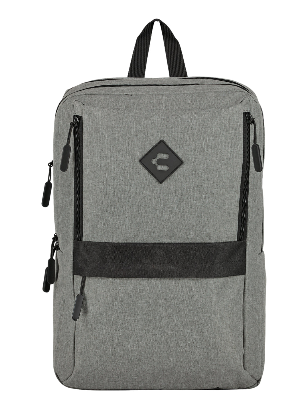 Mochila escolar color gris con detalles en negro y logotipo de Charly al frente.