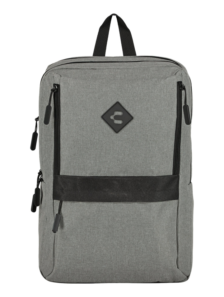 Mochila escolar color gris con detalles en negro y logotipo de Charly al frente.