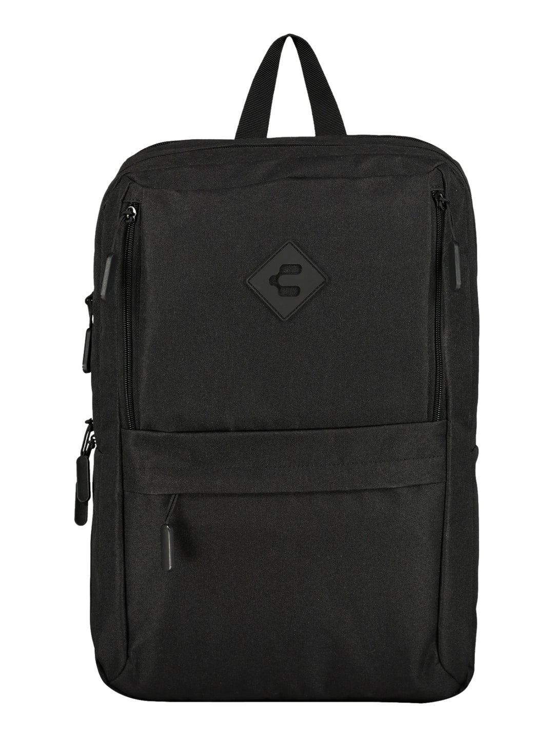 Mochila deportiva de color negro con logotipo central y cierres frontales.